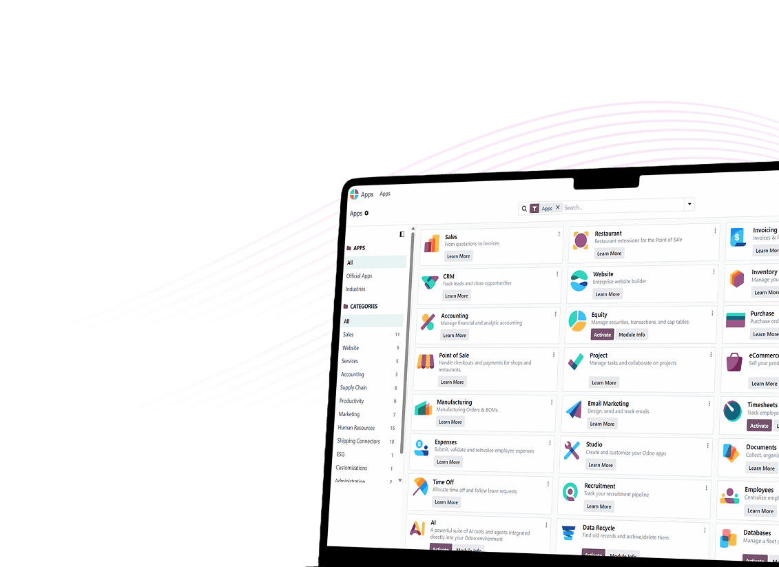 Odoo Hosting Services dashboard displaying enterprise apps and business modules.