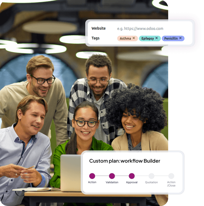 Team collaborating on custom workflow builder with Odoo Pricing Plans.