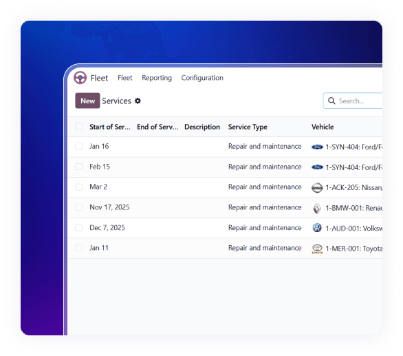 Automobile ERP Solution service management dashboard for vehicle maintenance records.