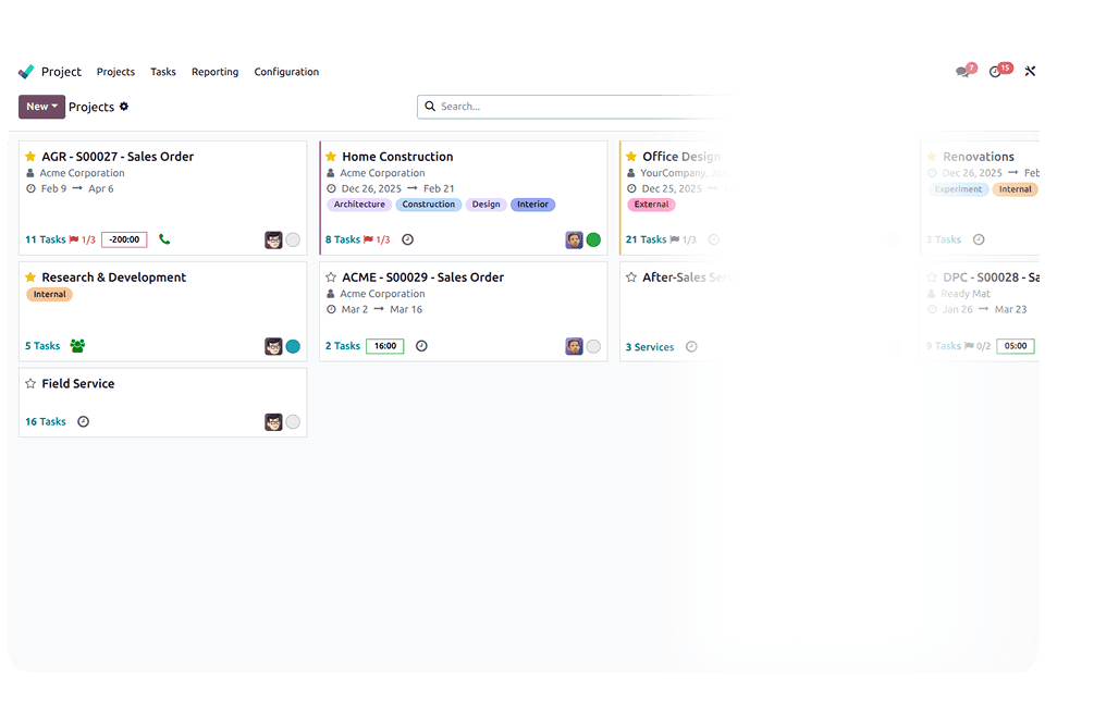 Project portfolio dashboard in Construction ERP Solution for monitoring tasks, progress, and performance.