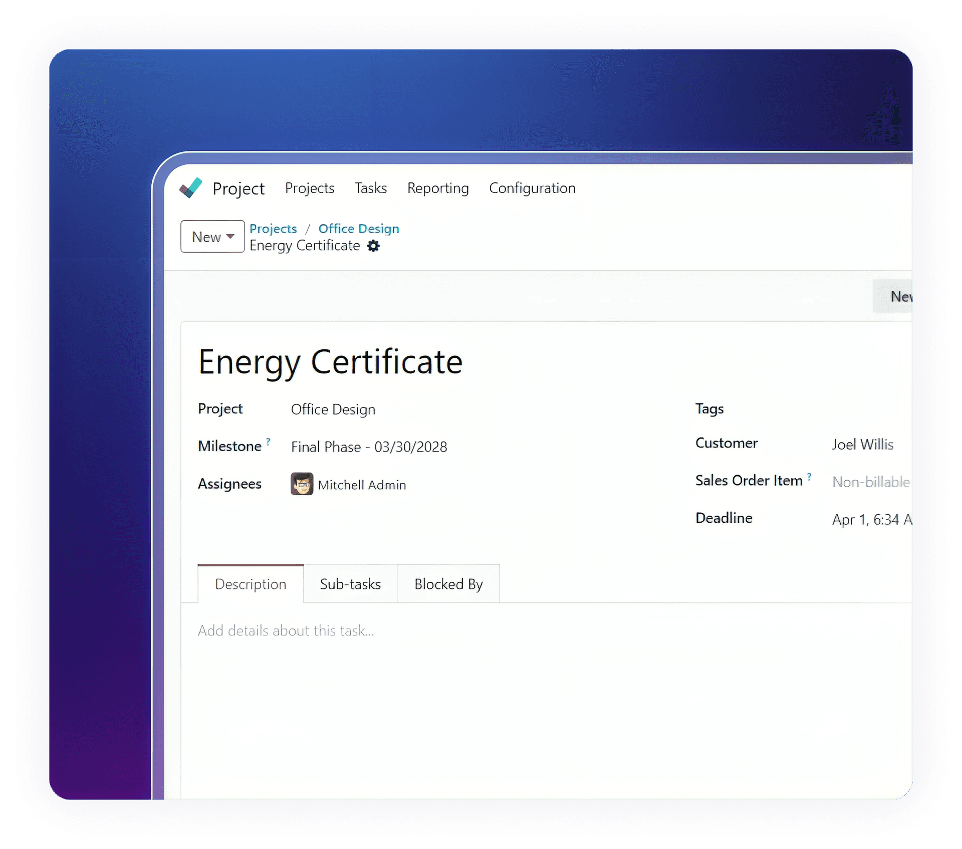 Project details page in Construction ERP Solution for managing milestones and project tasks.