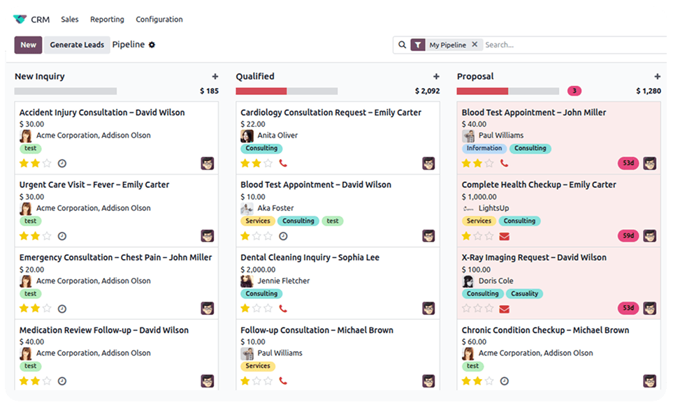 CRM pipeline in Health Clinic ERP for tracking patient inquiries, consultations, and follow-ups.