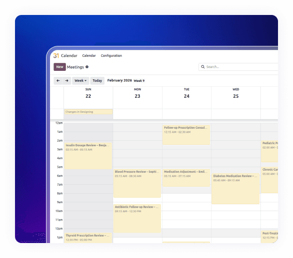 Appointment calendar in Health Clinic ERP for scheduling consultations and follow-ups.