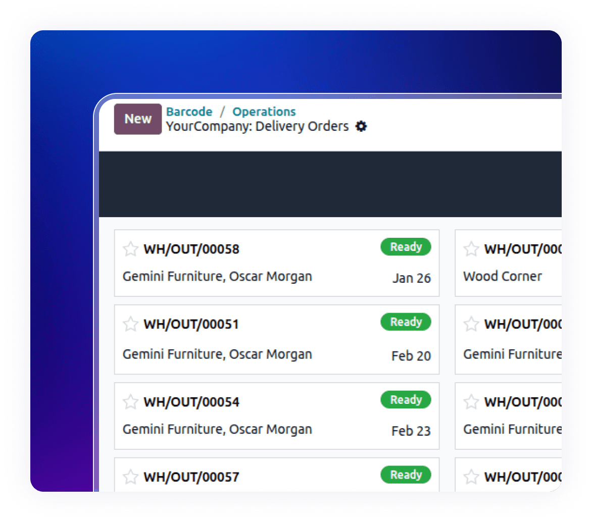 Delivery orders list showing ready-to-ship status in Enterprise Logistics Solutions