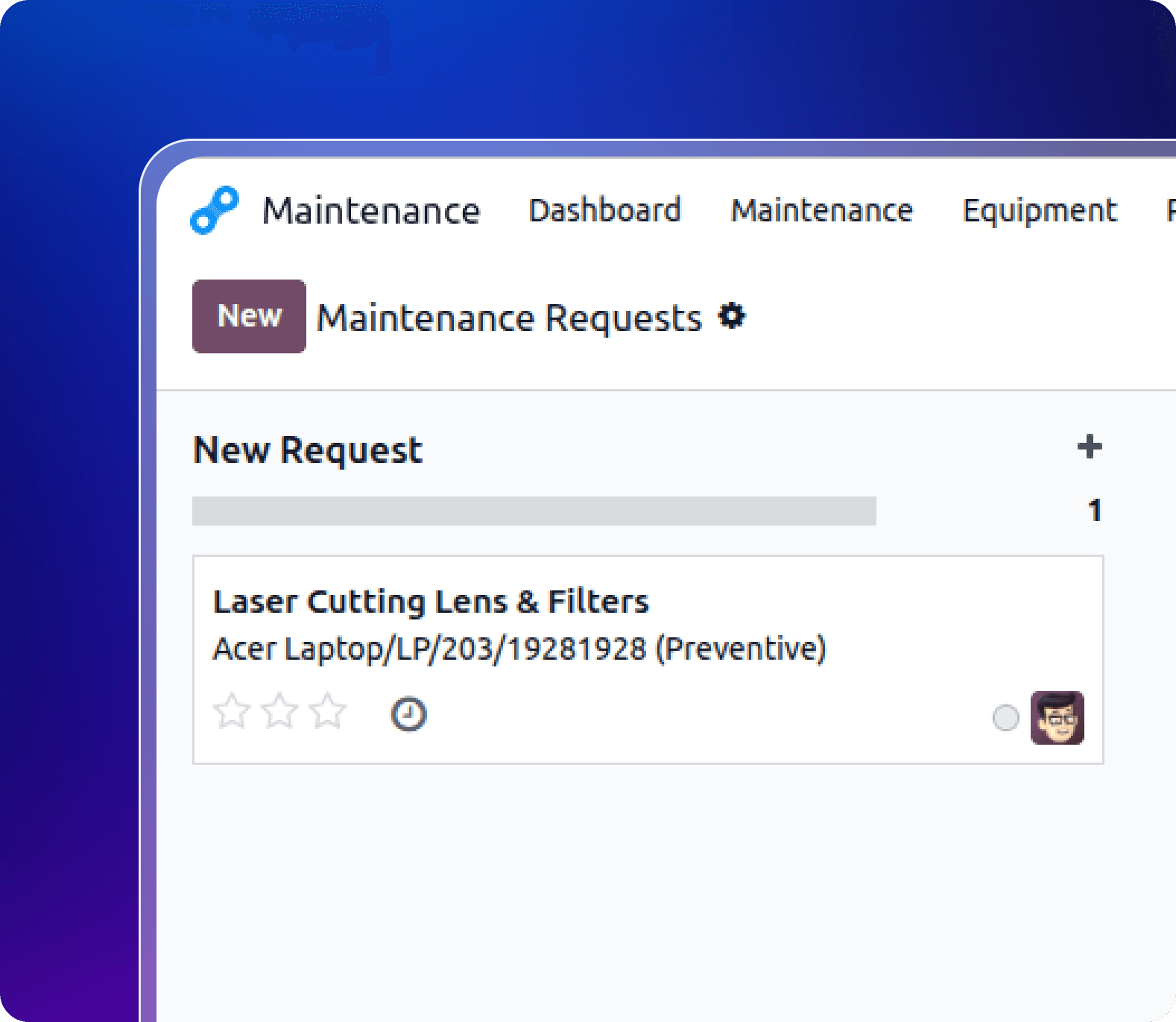 Maintenance request dashboard in Metal Manufacturing ERP for equipment service tracking.