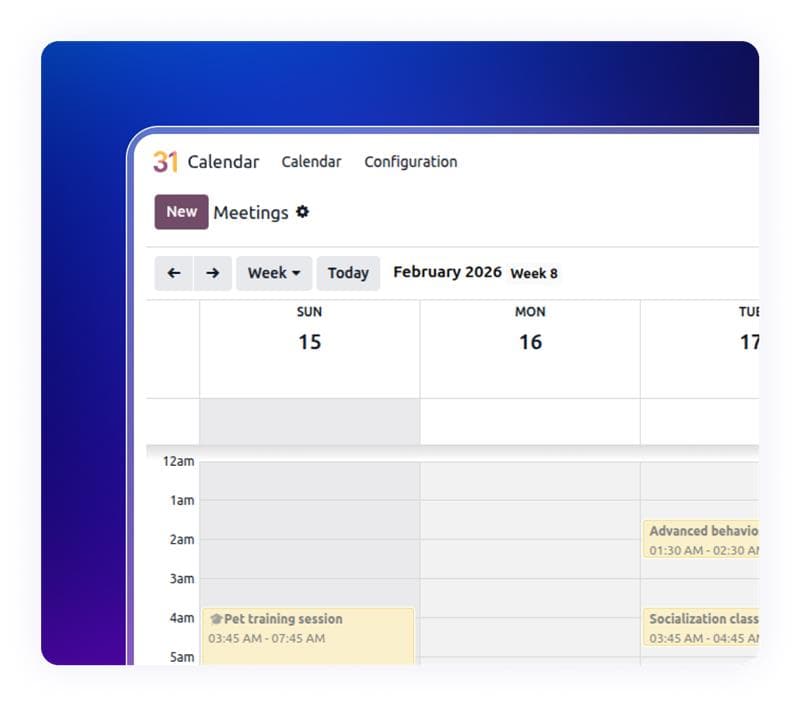 Appointment calendar in Pet Store ERP Solution for scheduling pet services.