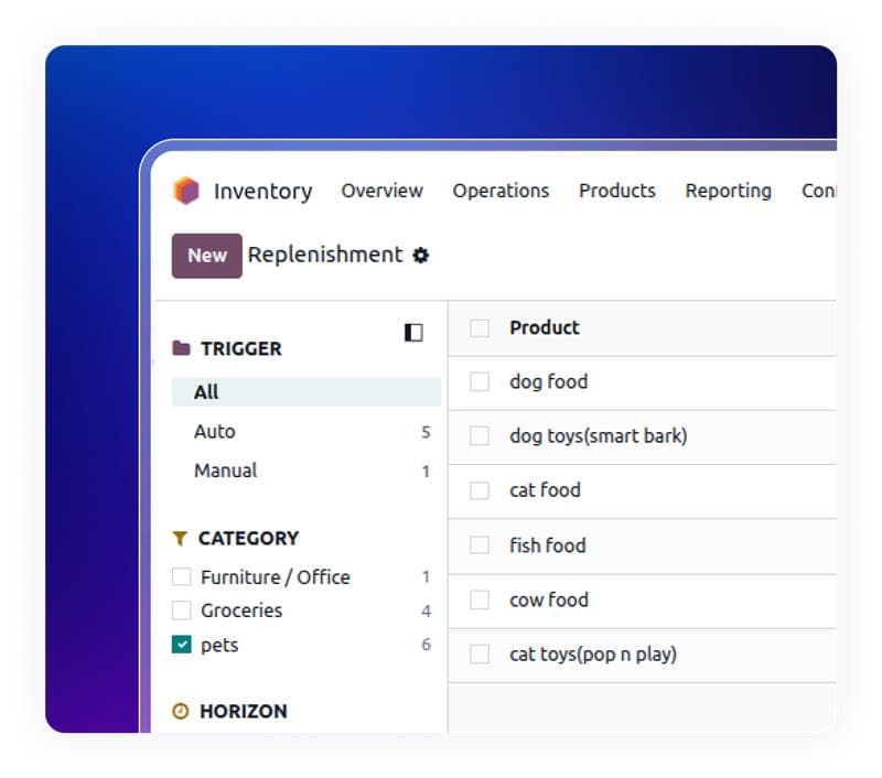Inventory replenishment dashboard in Pet Store ERP Solution for pet supplies management.