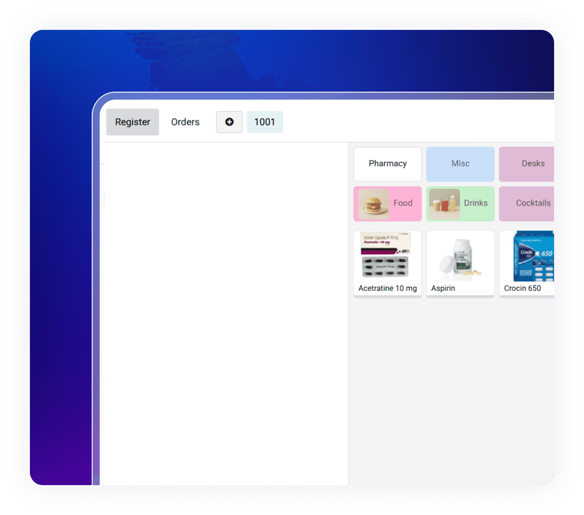 Point of sale interface in Pharmacy ERP Solution for dispensing medicines and retail checkout.