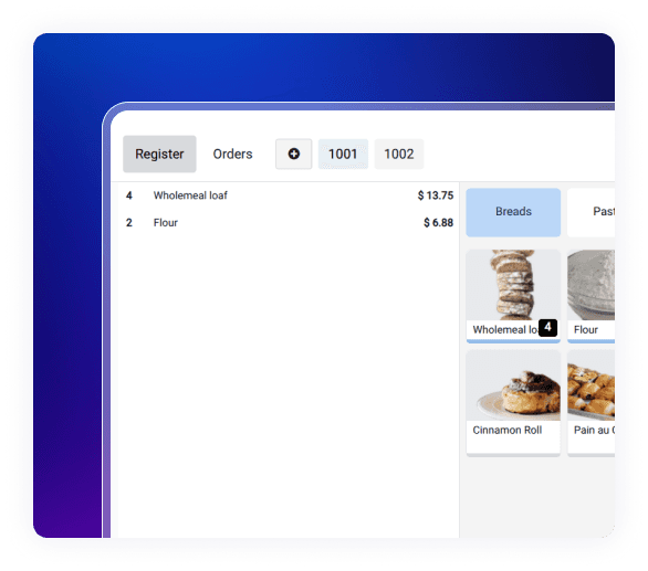 Cashier register screen showing bakery order items in Restaurant Management Software