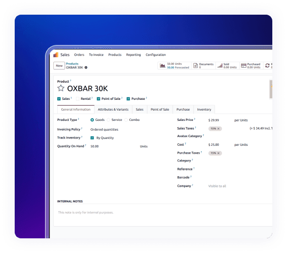 Product details page in Odoo Retail Vapes ERP for managing vape inventory and pricing.