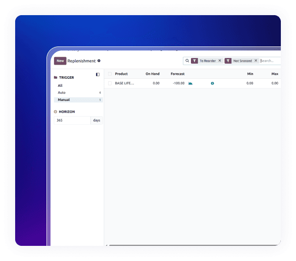Inventory replenishment dashboard in Odoo Retail Vapes ERP for vape stock management.
