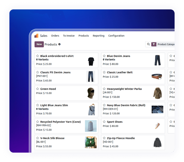 Product catalog management in Textile Industry ERP for apparel inventory and pricing.