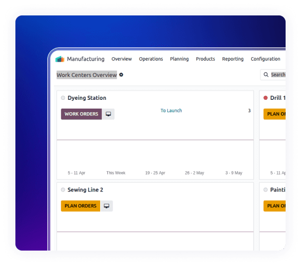 Manufacturing work center dashboard using Textile Industry ERP for production planning.