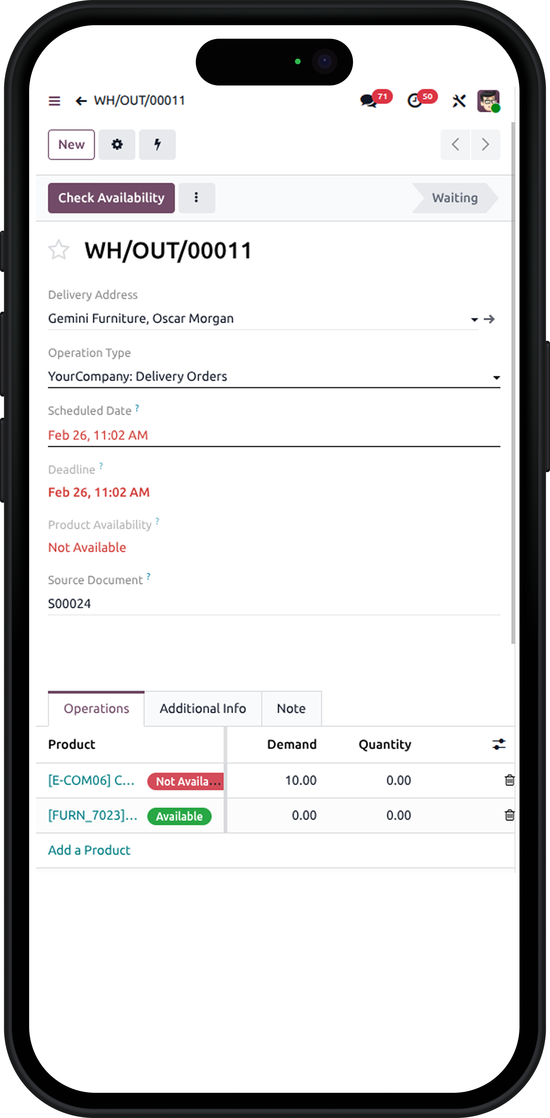 Mobile screen displaying delivery details and stock availability in Enterprise Logistics Solutions