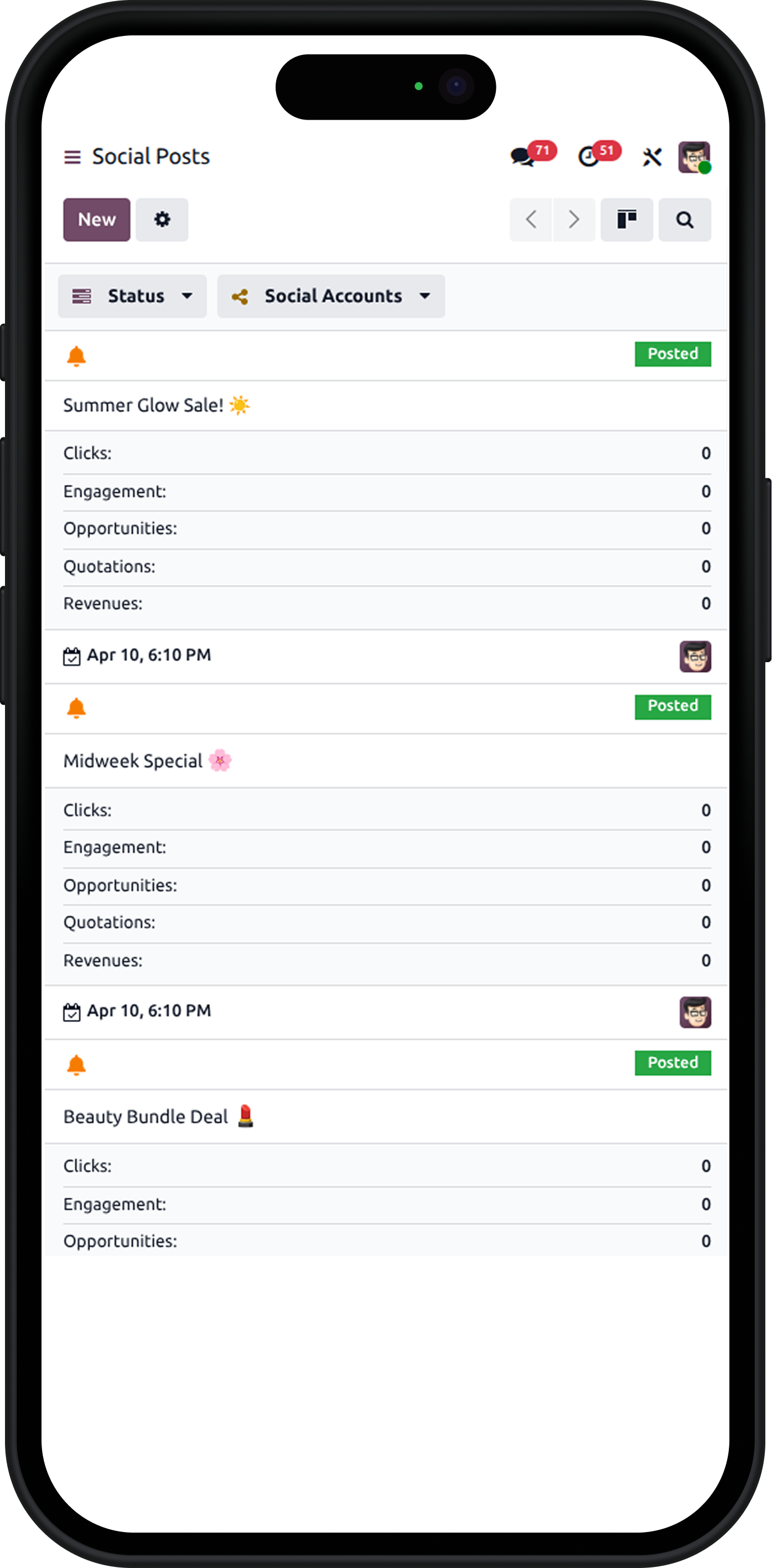 Mobile social posts management with Promotional Products ERP Software.