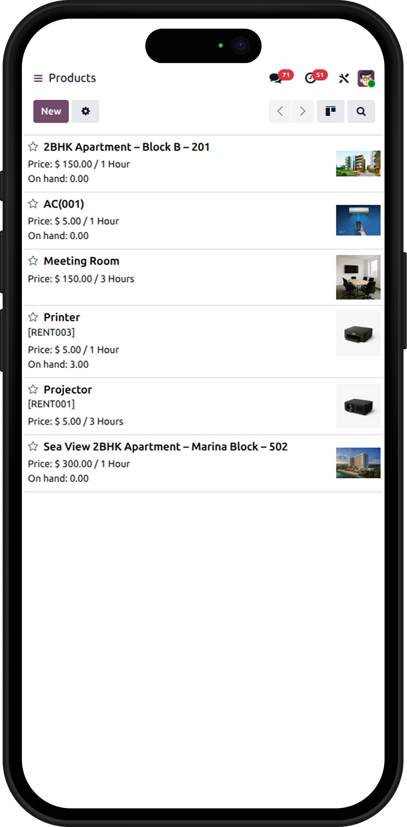 Mobile view of apartment and equipment listings within a Rental Property System