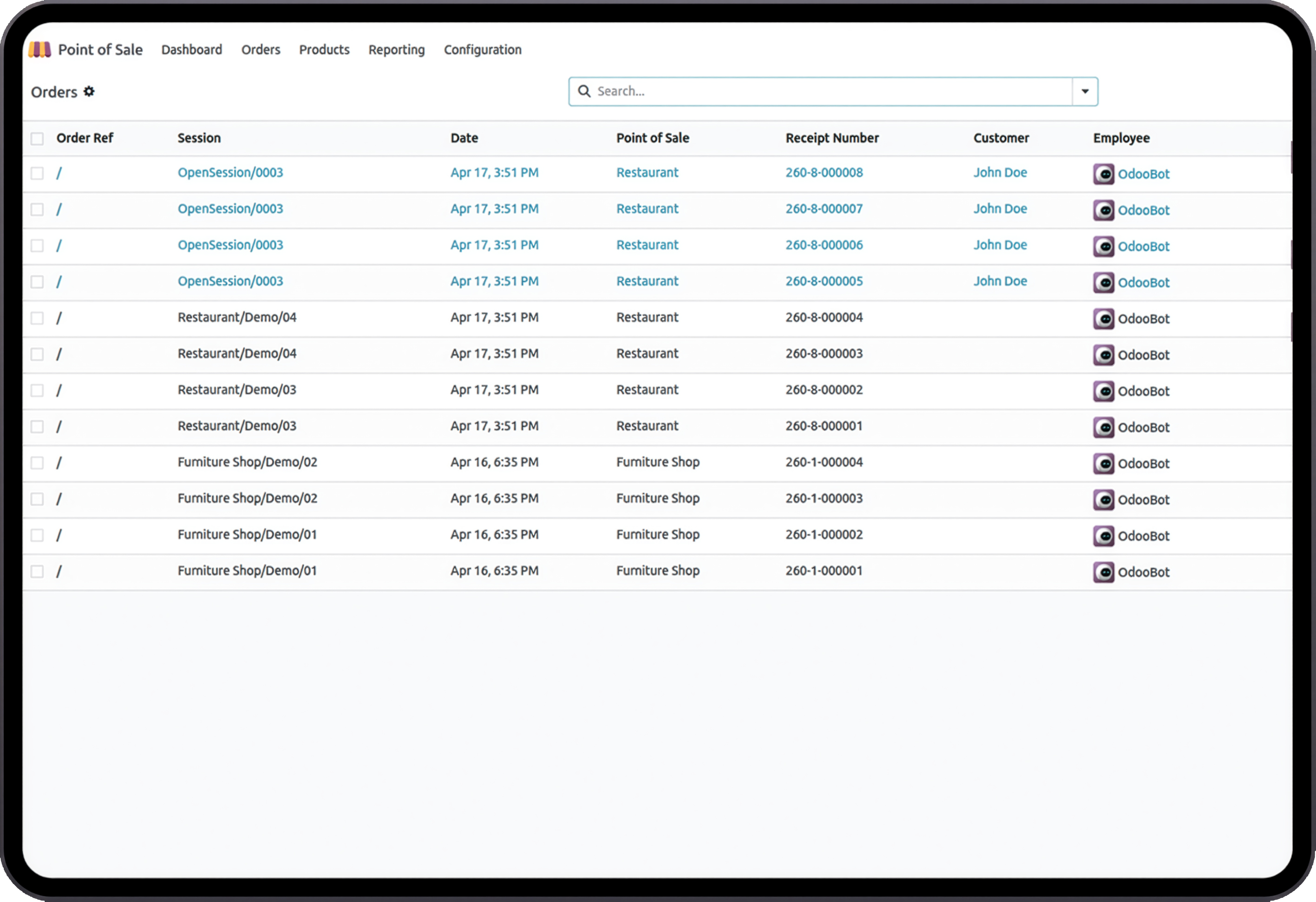 Point of sale order history and receipts displayed in Restaurant Management Software