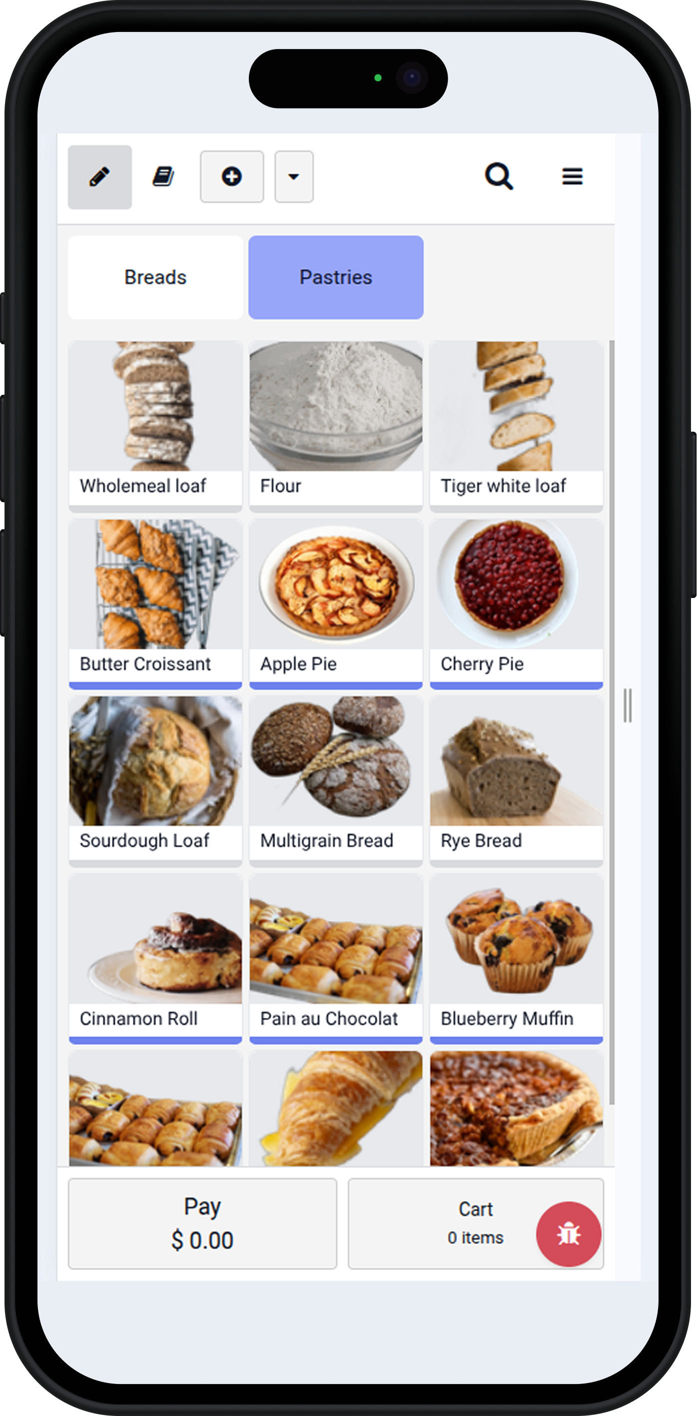 Bakery product menu with breads and pastries shown in Restaurant Management Software