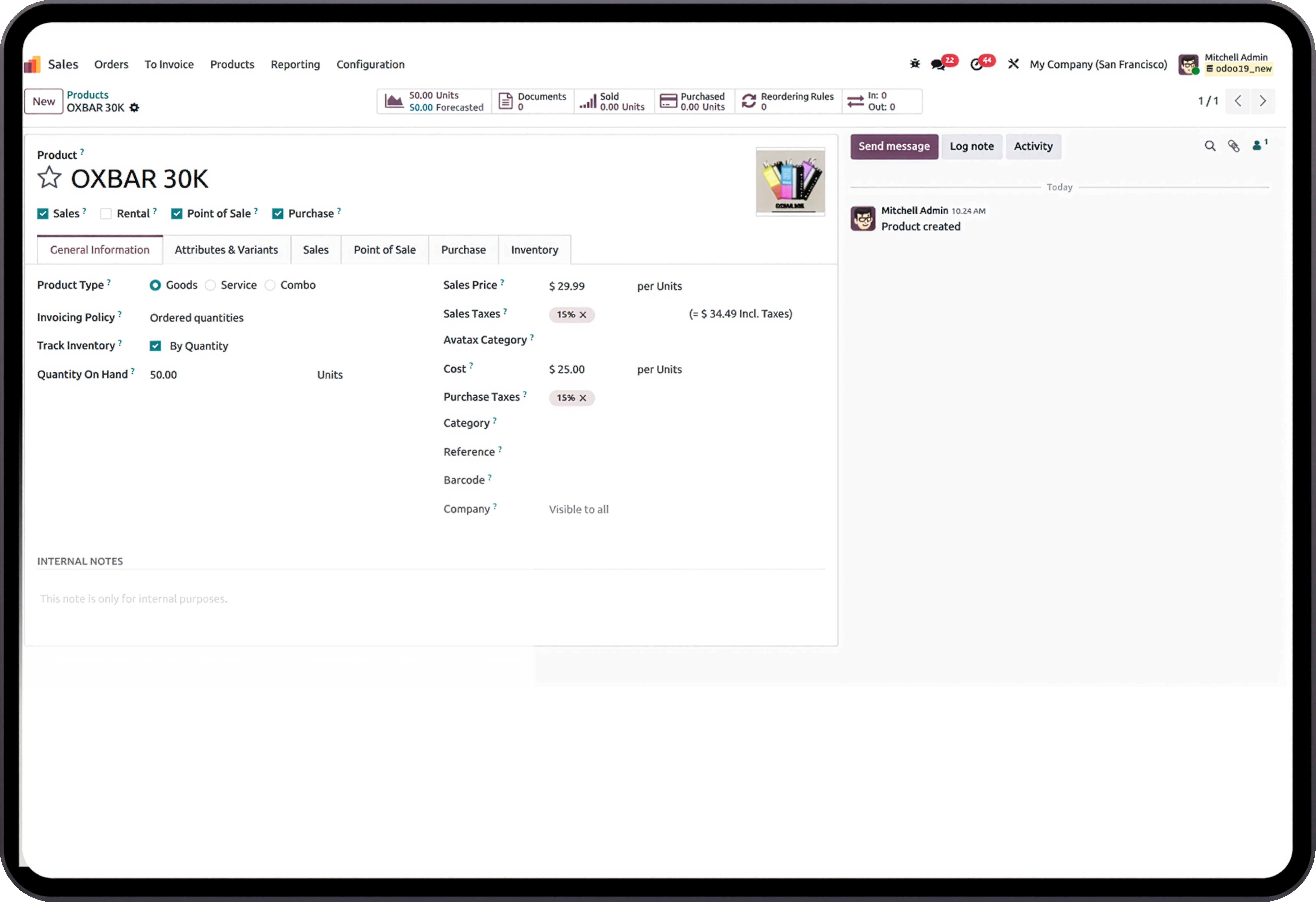Product management dashboard in Odoo Retail Vapes ERP for inventory, pricing, and stock control.