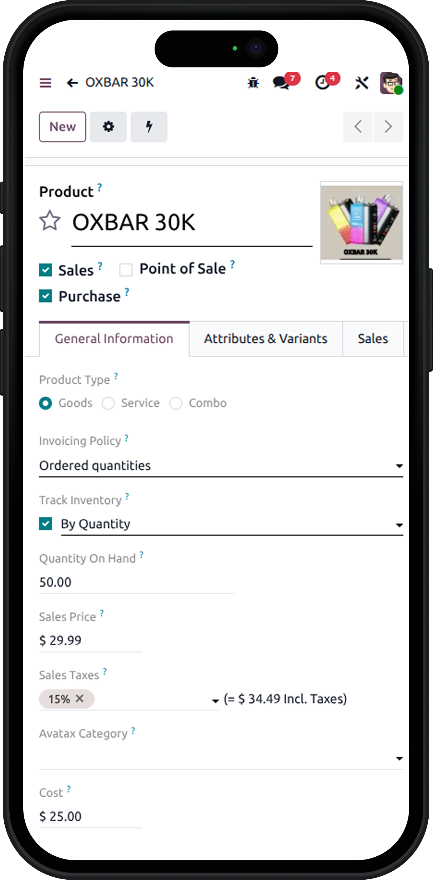 Mobile product management screen in Odoo Retail Vapes ERP for inventory and sales tracking.
