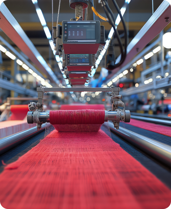 Automated textile production line monitored with Textile Industry ERP for manufacturing operations.