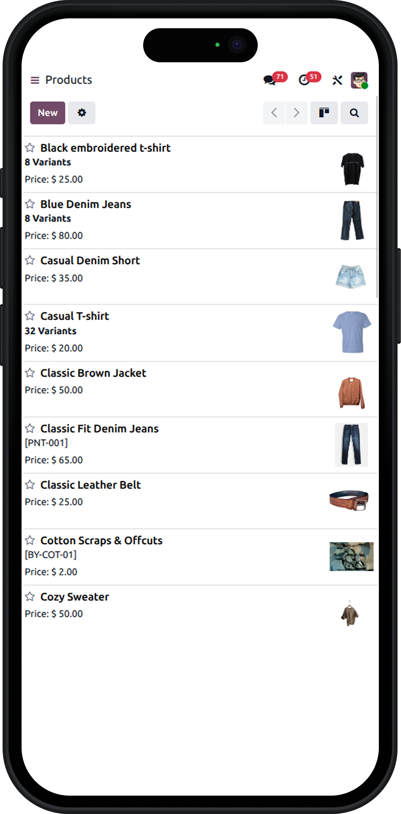 Product catalog in Textile Industry ERP for managing apparel inventory and pricing.
